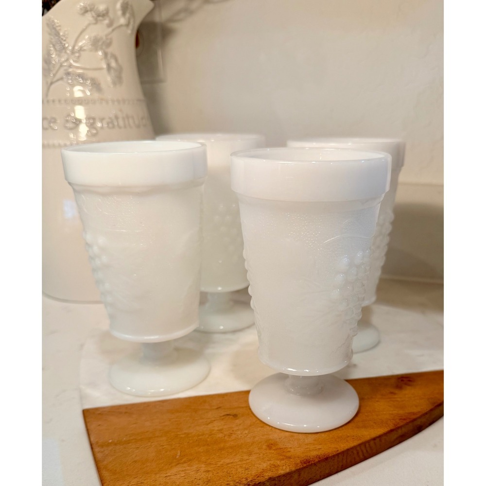 Vintage White Milk Glass Harvest Grape Footed Goblets Set of 4 MCM Tableware